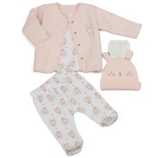 N14729: Baby Pink Heart Bunny 4 Piece Quilted Jacket & Hat Outfit (0-9 Months)